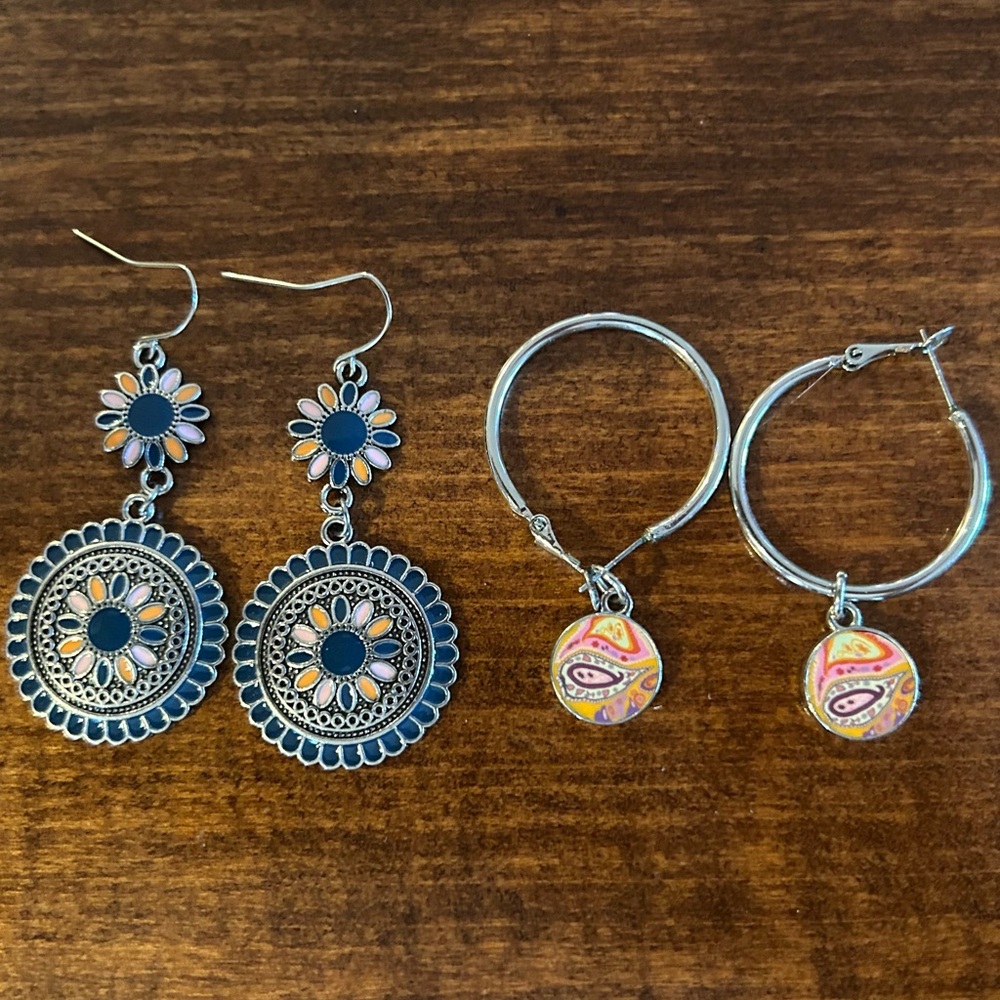 Silver-tone Dangle Earrings- 2 Pairs